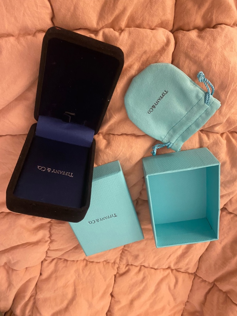 Tiffany & Co. Robin's Egg Blue Jewelry Box, Pouch & Black Velvet Case